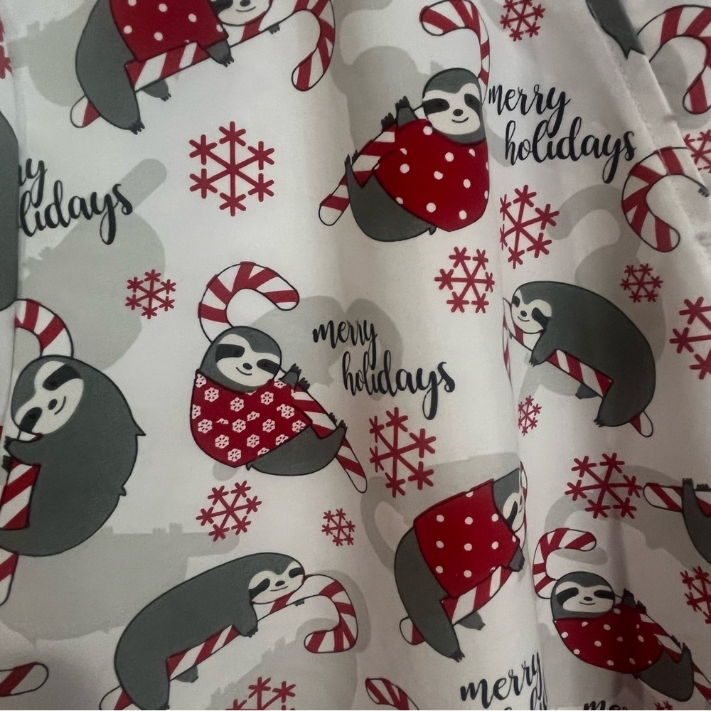 6/$25 Holiday Sloth Print Short-Sleeve Scrub Top - White/Red/Gray - Picture 3 of 8